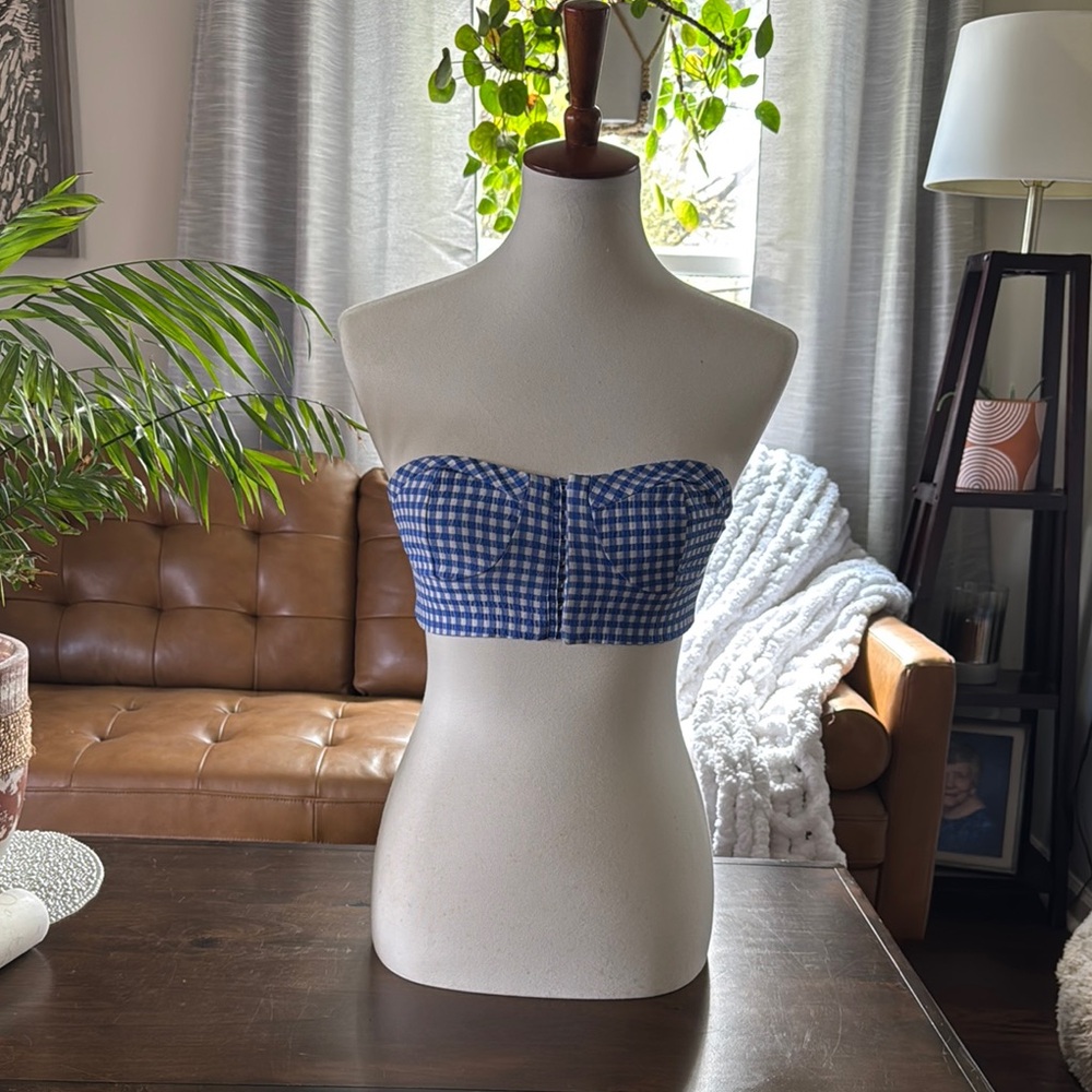 ZARA - Blue Gingham Strapless Top - Small